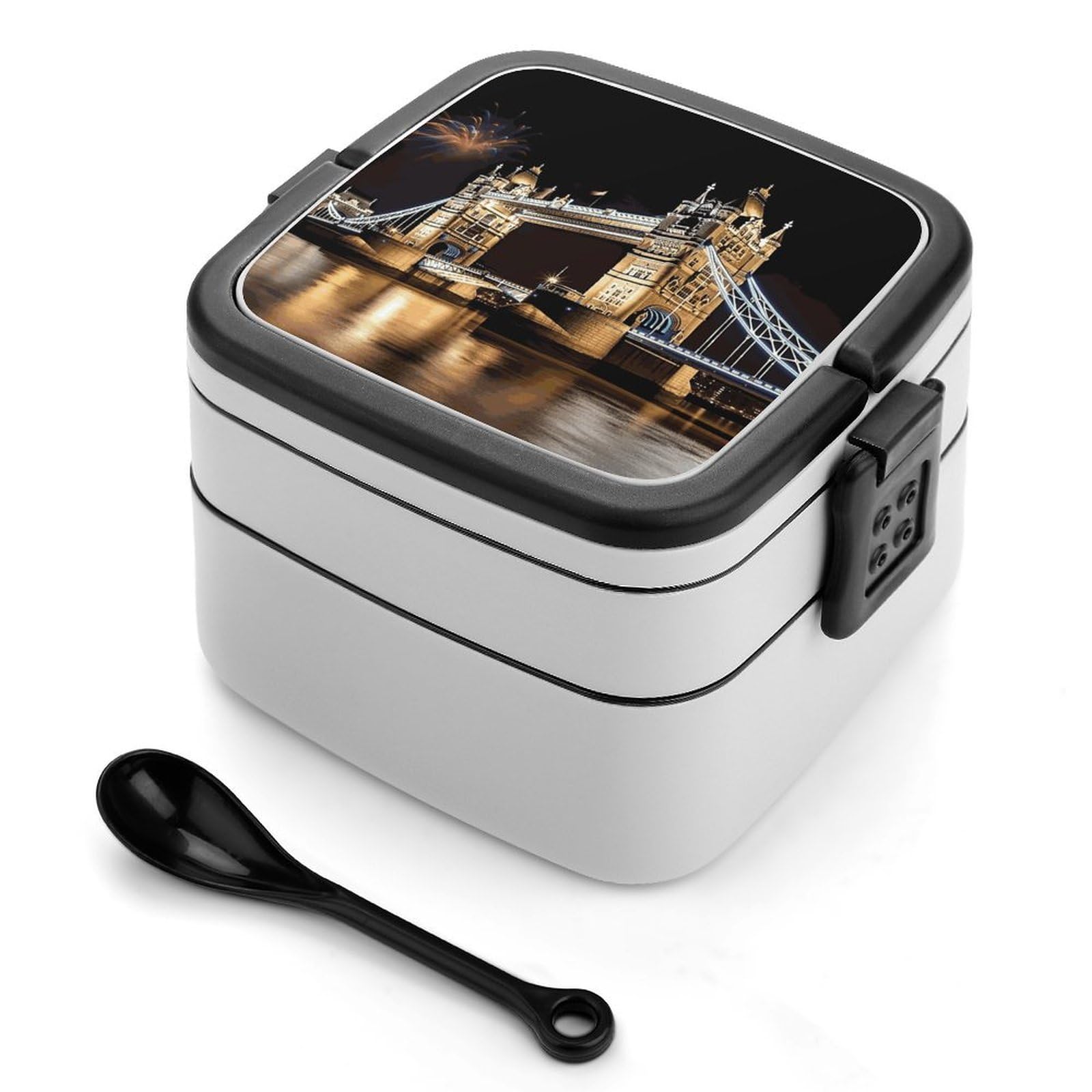FekiLoot Night London Tower Bridge Bento Box Adult Lunch Box Sealed Bento Lunch Boxes with Spoon Sturdy Double Layer Bento Boxes Snap-on Design Leak Proof Lunch Containers Ideal for Work