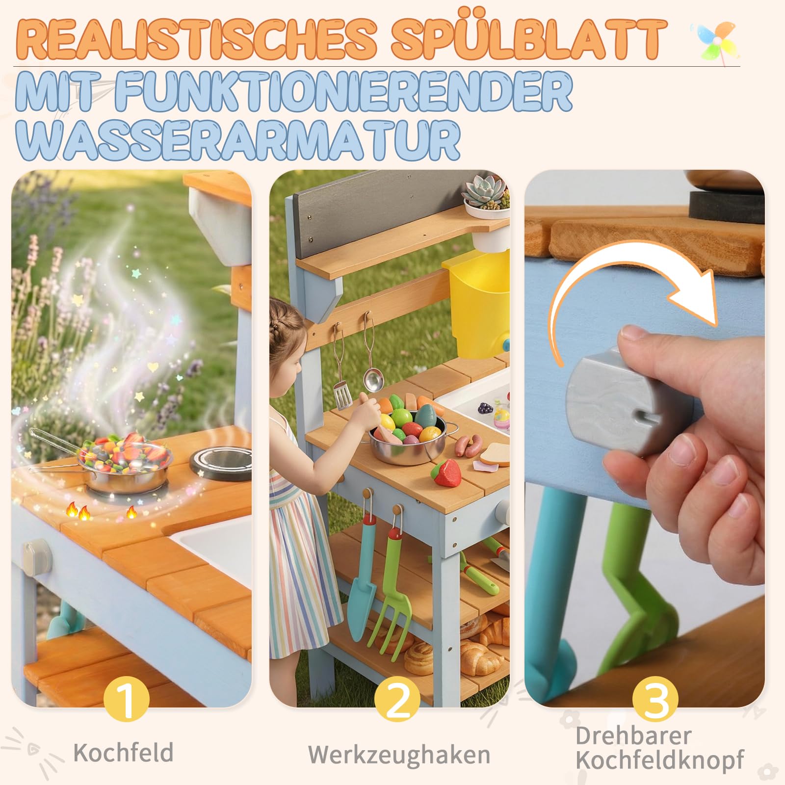 LEADZM Matschküche Kinder Outdoor Kinder mit Pflanzkasten, Spüle, Herd