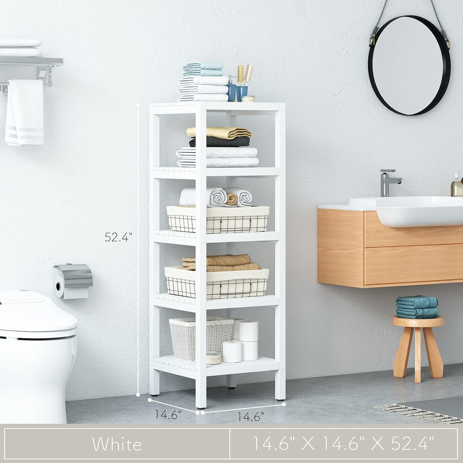 IOTXY Open Shelving Storage Rack - 5-Tier Freestanding Solid Wood Shelves Unit, Multipurpose Display Stand for Bathroom Living Room Laundry, Square Corner Rack, Bookshelf, White