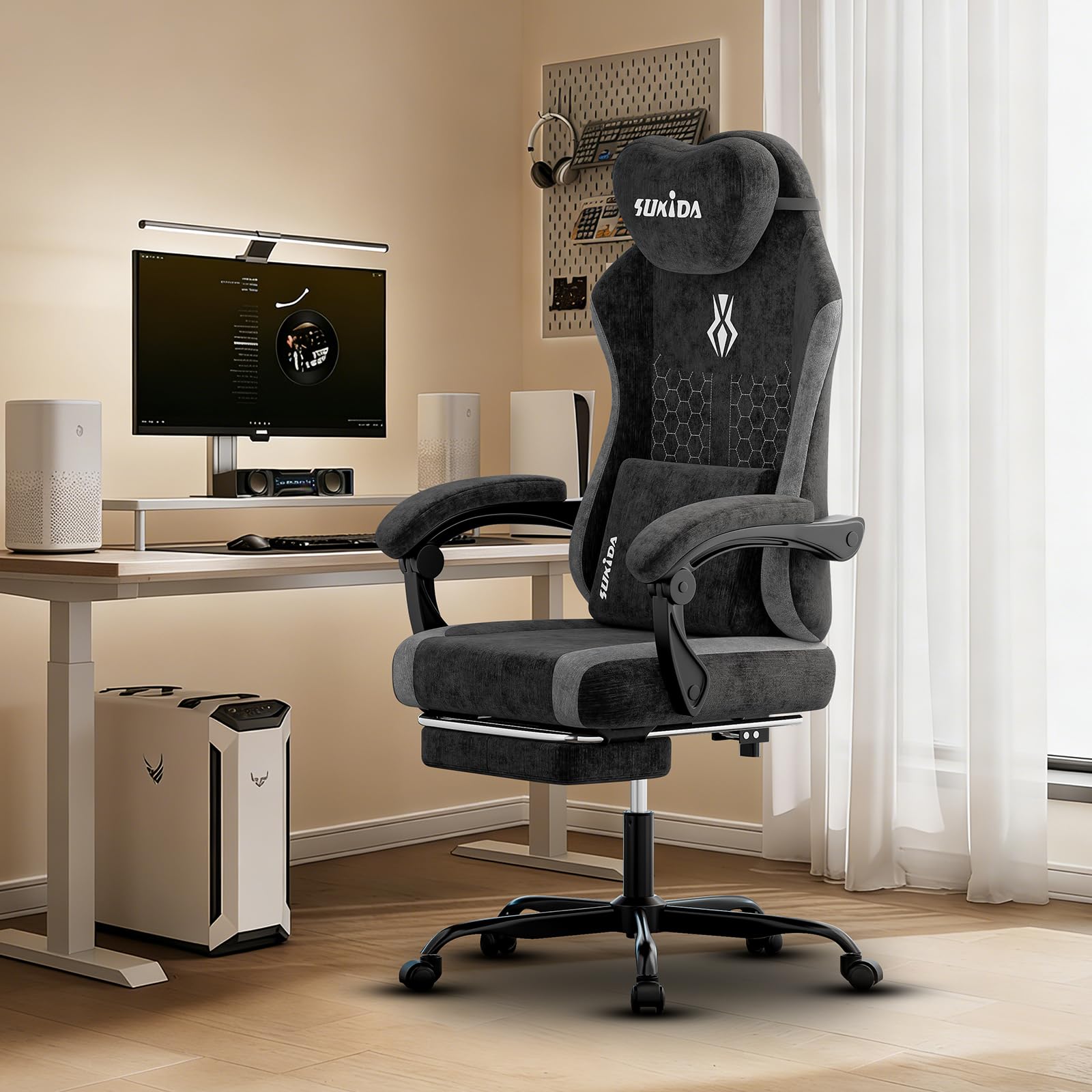 SUKIDA Gaming Stuhl, Ergonomischer Schreibtischstuhl mit Fußstütze Kopfstütze und Lendenkissen, Schreibtischstuhl mit Stoffoberfläche Hochwertiger - Stoff, Schwarz