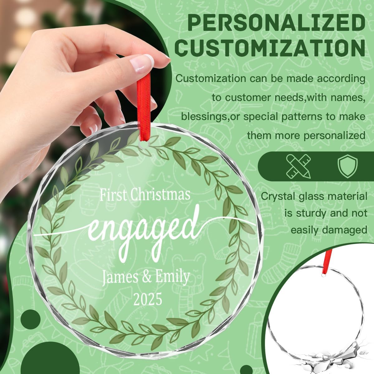 First Christmas Engaged Glass Ornament, Personalized Engagement Gift for Couples, Custom Engagement Christmas Keepsake, Engaged Christmas Ornament