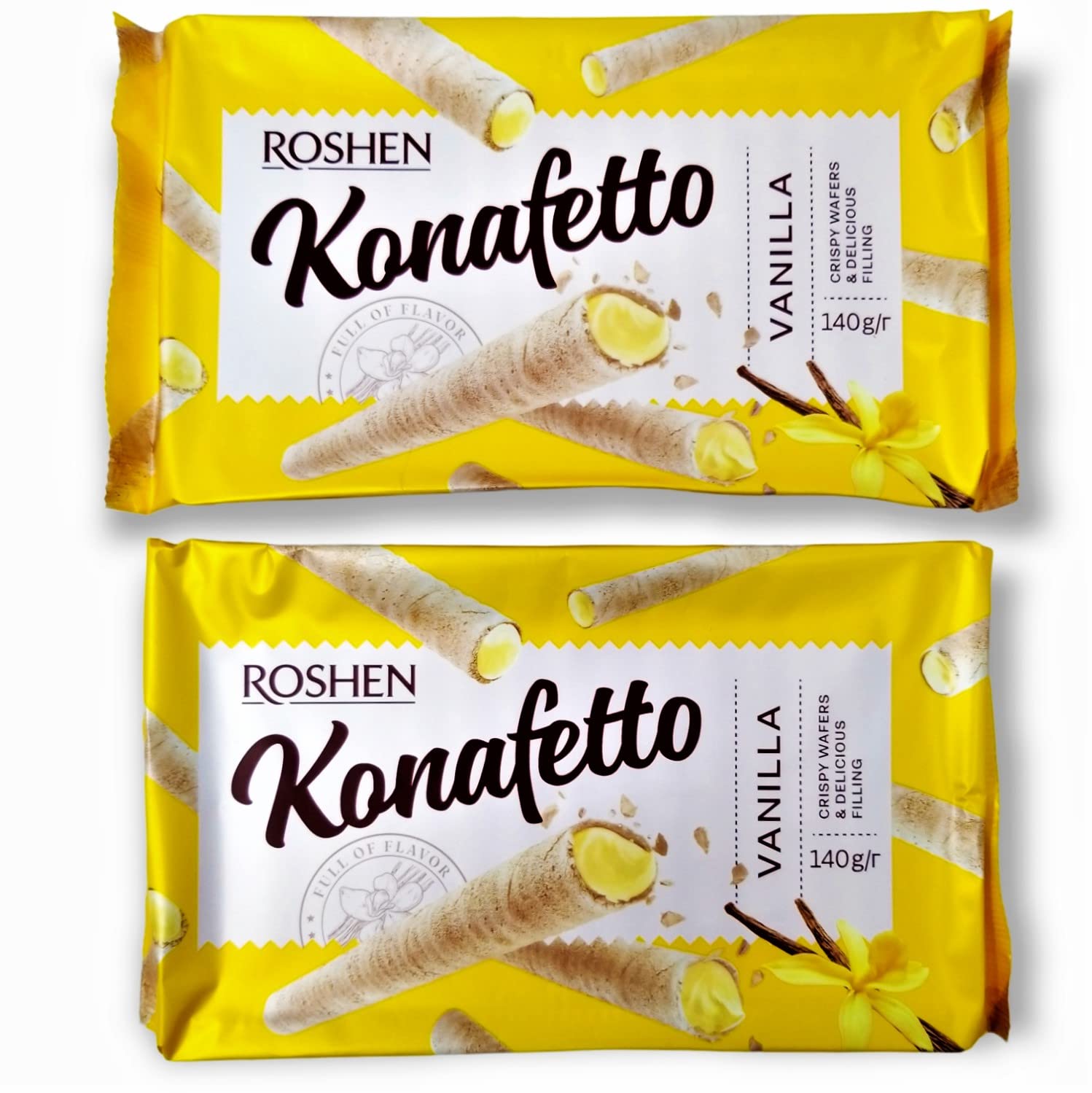 Roshen Crispy Flavorful Wafer Rolls "Konafetto" with Vanilla-Cream Filling, 4.94oz/140 grams Pack of 2