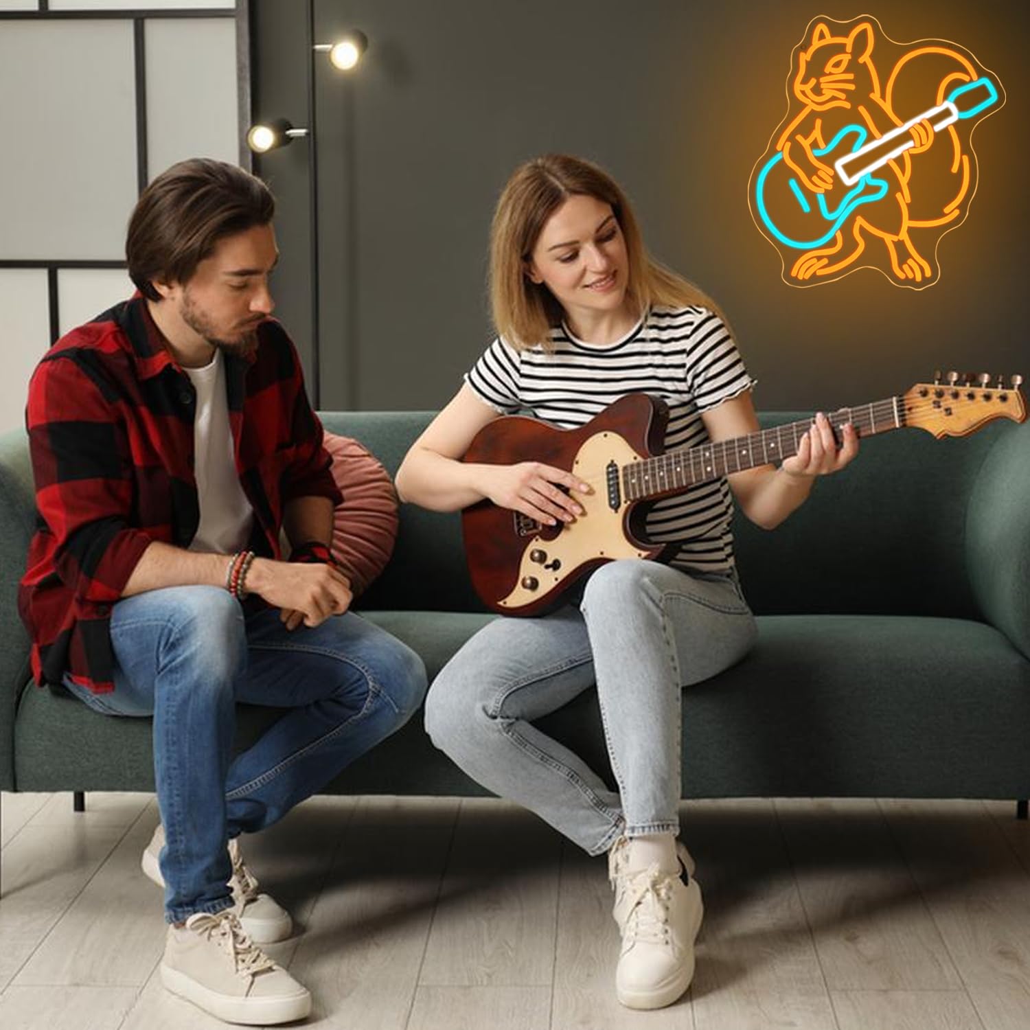 Insegna al neon a forma di chitarra con scoiattolo per decorazione da parete, birreria, chitarra, luce al neon, alimentata tramite USB, con musica a LED, per bar, musica dal vivo, grotta, casa, feste