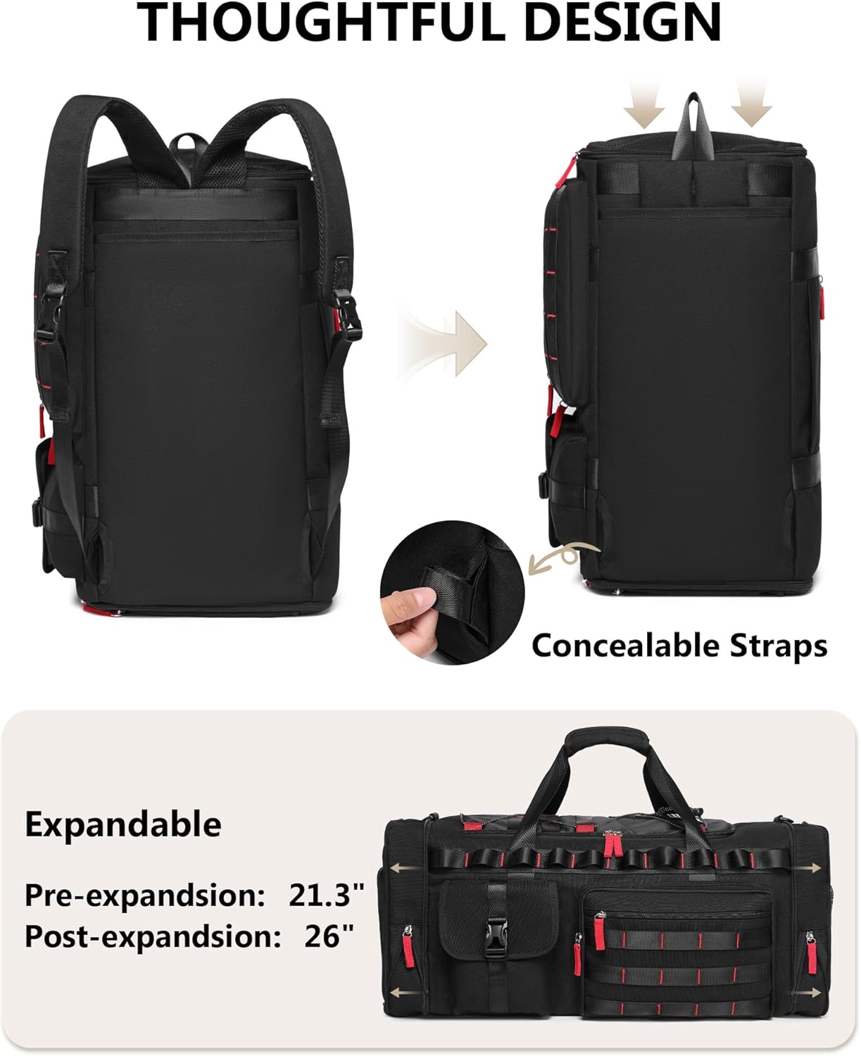 MCBD Gym Bags for Men & Women, 45L Travel Duffle Sports Backpack with Shoes & Laptop Compartment, Large Workout Carry On Bag Weekender Overnight Tote, Black 45L Black image 4 of 7 B0FH544V7C