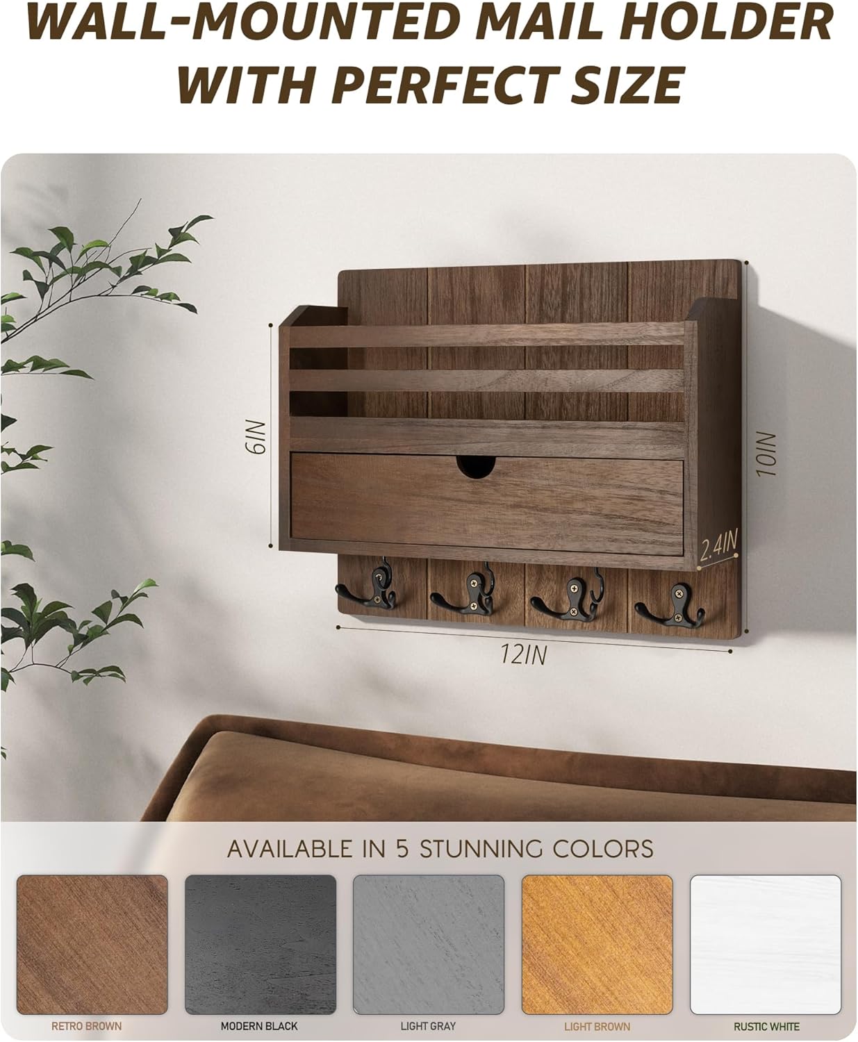 Rebee Vision Stylish Key and Mail Organizer Wall Mounted Set – Rustic Mail Holder for Wall with Drawer Organzier & Floating Shelf for Home Decor – Ideal Home Storage Solution (Brown)