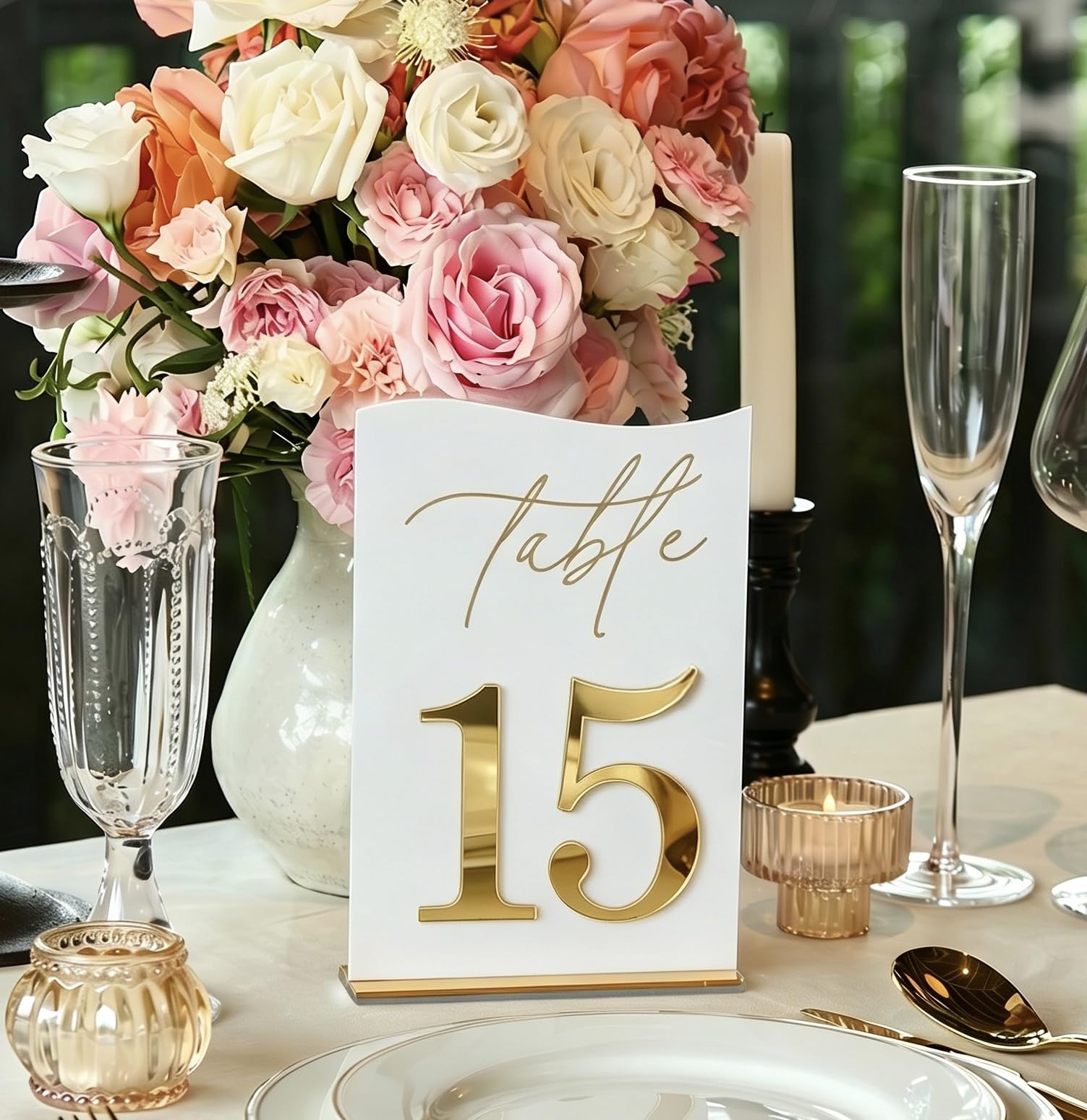 Photo 1 of Gold Mirrored Acrylic Wedding Table Numbers 1-15 Set, Self-Standing Modern Arched Signs for Reception Seating, Anniversary & Bridal Shower, Elegant Wedding Decor (5x7 Inches)