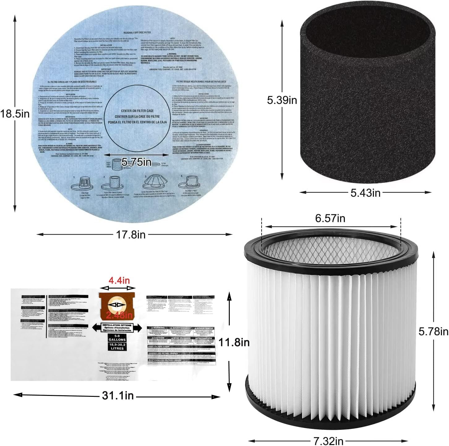Filtro de repuesto para filtros Shop Vac 90304 90585, 90107, 90350, 90333, filtro de aspiradora en seco y húmedo, se adapta a la mayoría de aspiradoras húmedas/secas de 5 galones en adelante, bolsa de