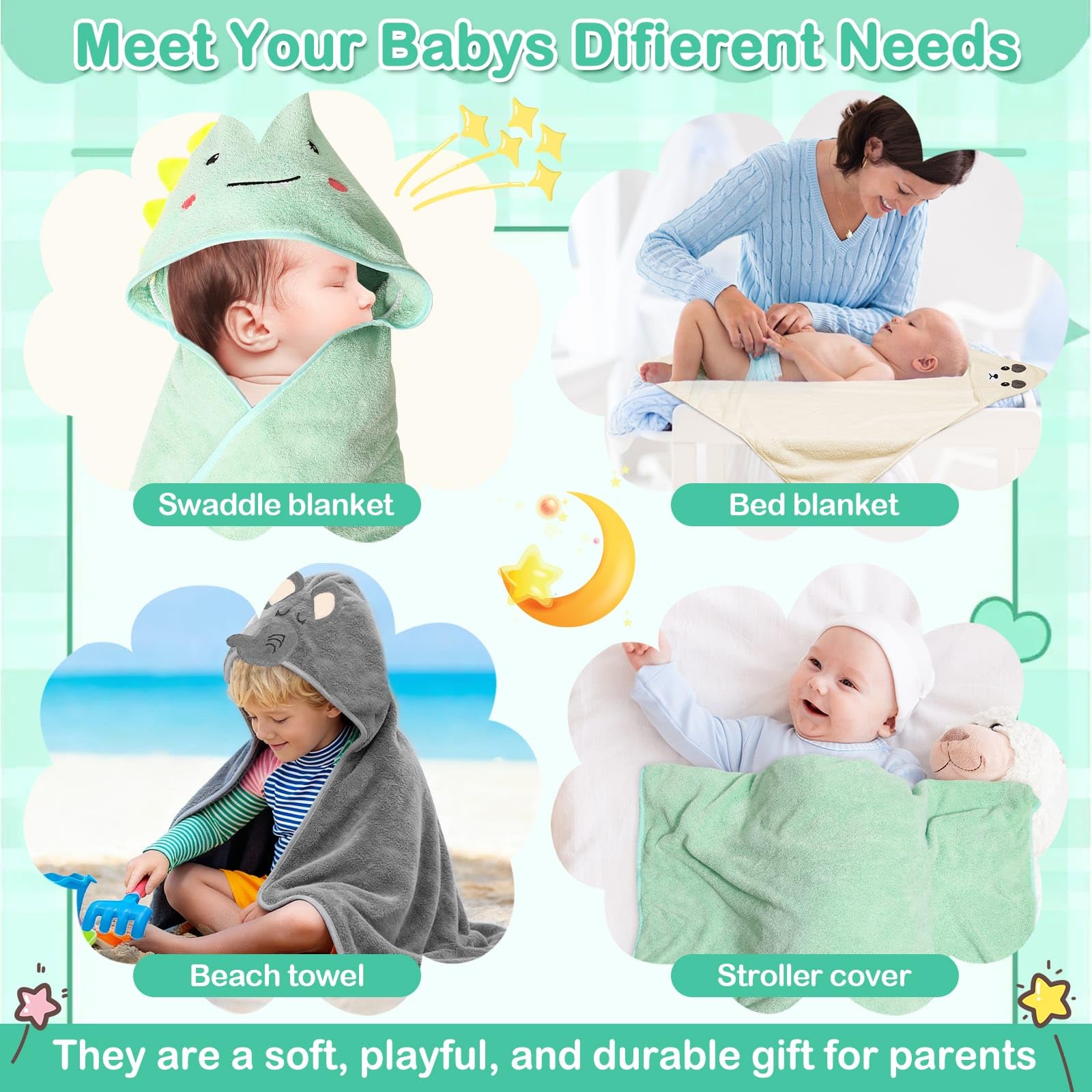 Sublaga 78,9 x 78,9 cm Baby-Kapuzenhandtücher, 9-teiliges Bad für Jungen, Waschlappen-Set mit niedlichem Design, Duschtuch, Geschenk für Neugeborene, Säuglinge und Kleinkinder