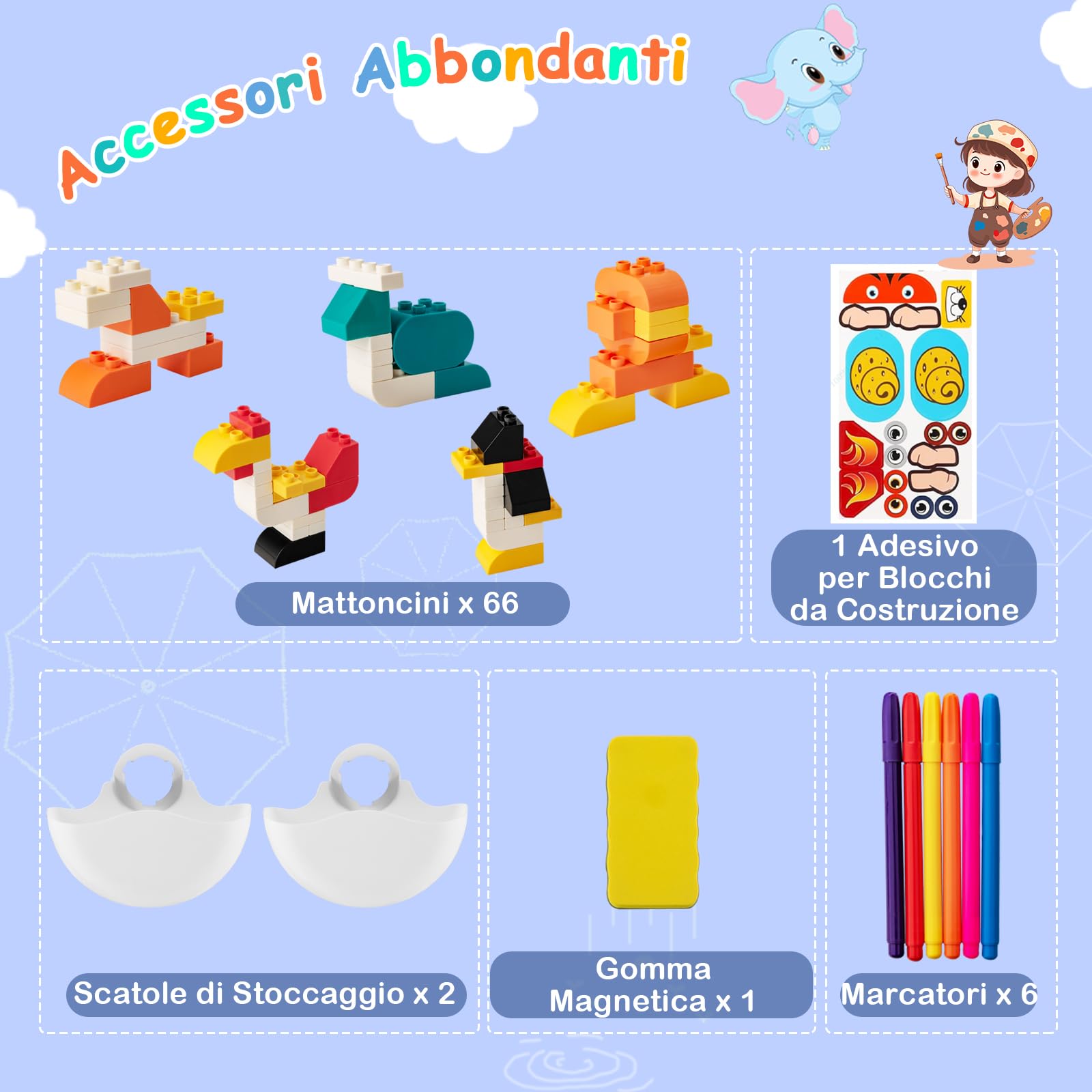 RELAX4LIFE Set di Cavalletto per Bambini con Sgabello, a Doppia Faccia con Lavagna Magnetica, Tavolo da Costruzione, Set Cavalletto per Bambini con Sgabello e Scatole Laterali
