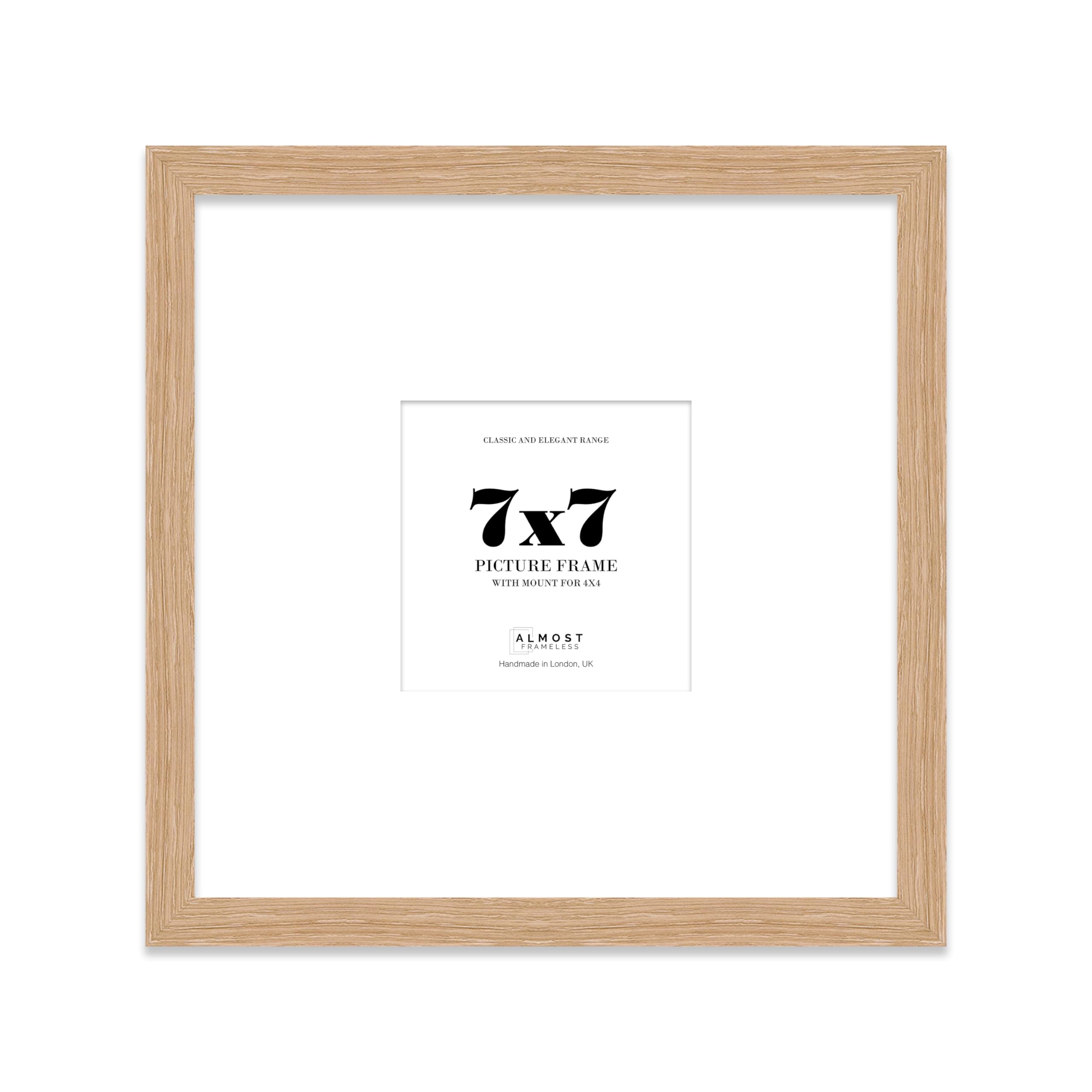 Almost Frameless 7x7 Square Picture Frame, Display Pictures 4x4 With Mat or 7x7 Without Mat, Wall Hanging & Free Standing Photo Frame, Oak, 1 Pack
