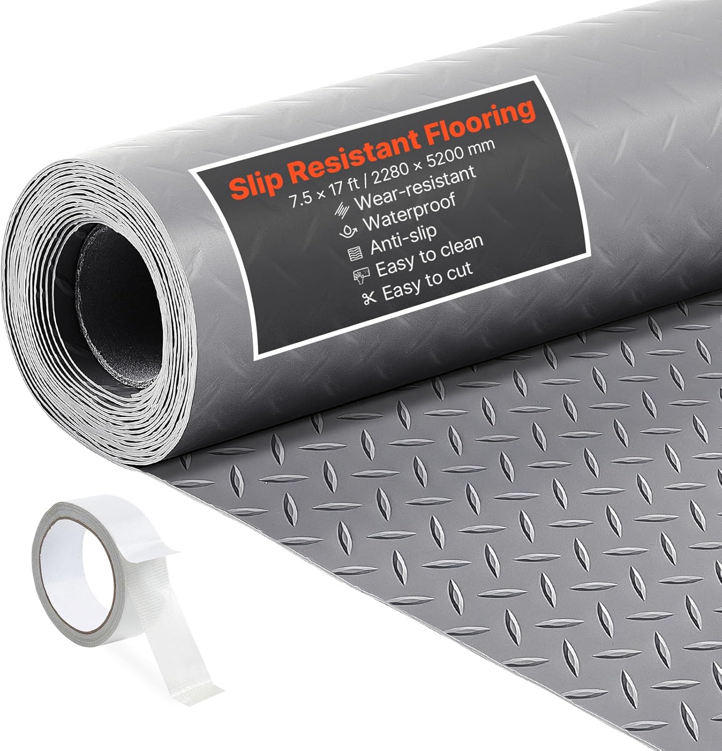 VEVOR Garage Floor Roll, 7.5 x 17 ft Garage Flooring Mat, 2.2 mm Thickened PVC Diamond Plate Floor Protector Mat with Double-Sided Tape, Non-Slip, Easy to Clean for Warehouse, Gyms,Silver Gray
