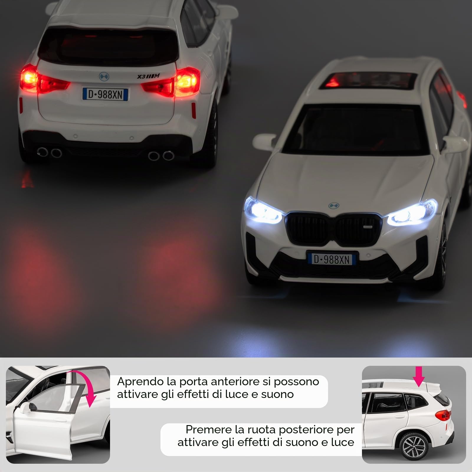 Auto giocattolo compatibile con 1:32 X3M modellino auto, Pull Back Diecast Collectible Car con suoni e luci per bambini, ragazzi, ragazze e adulti, regalo bianco