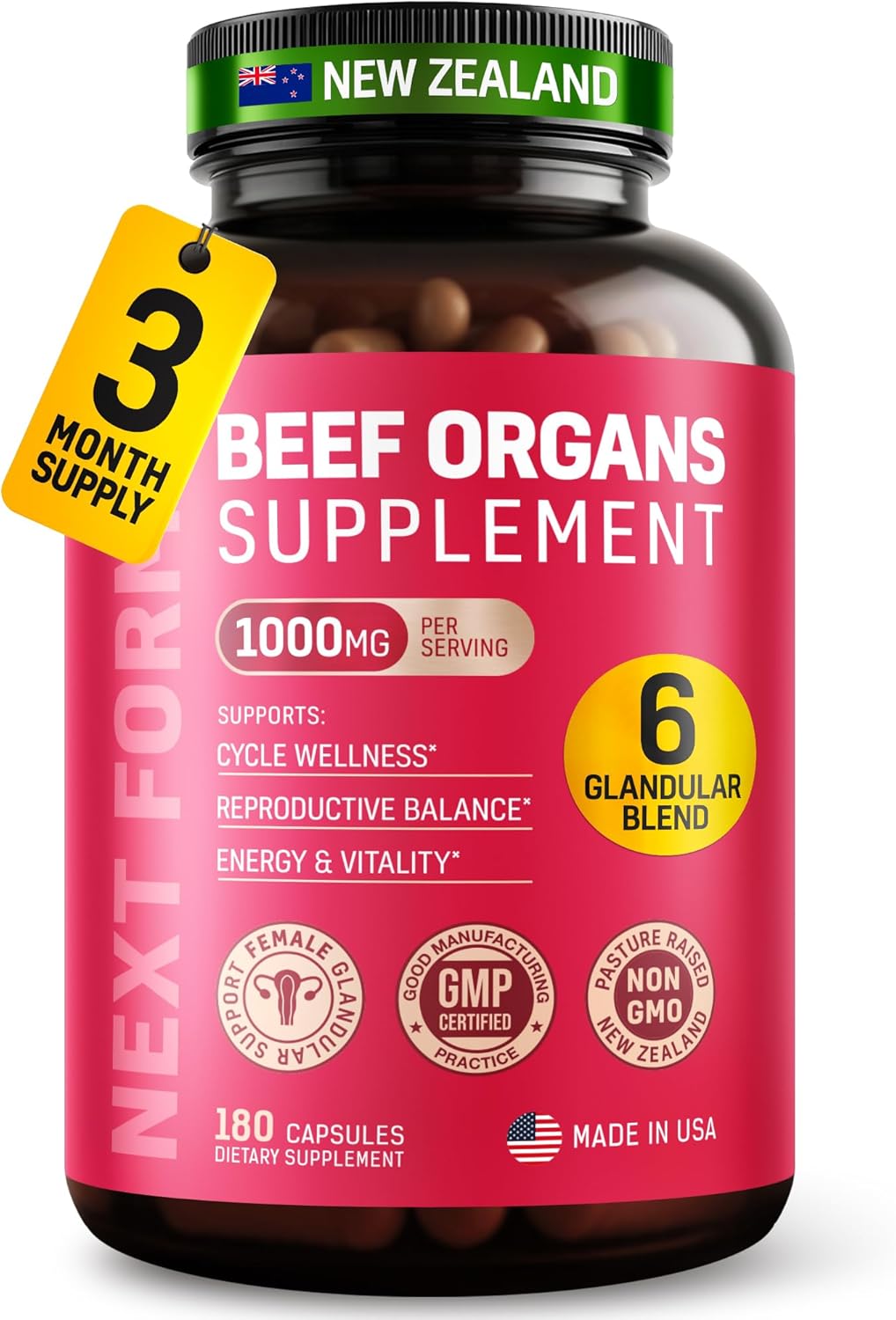 Beef Organ Supplement for Women 6 in 1 Complex Hormone Balance & Energy - 100% Grass Fed & Pasture Raised - Beef Liver, Kidney, Heart, Spleen, Pancreas and More - 180 Capsules