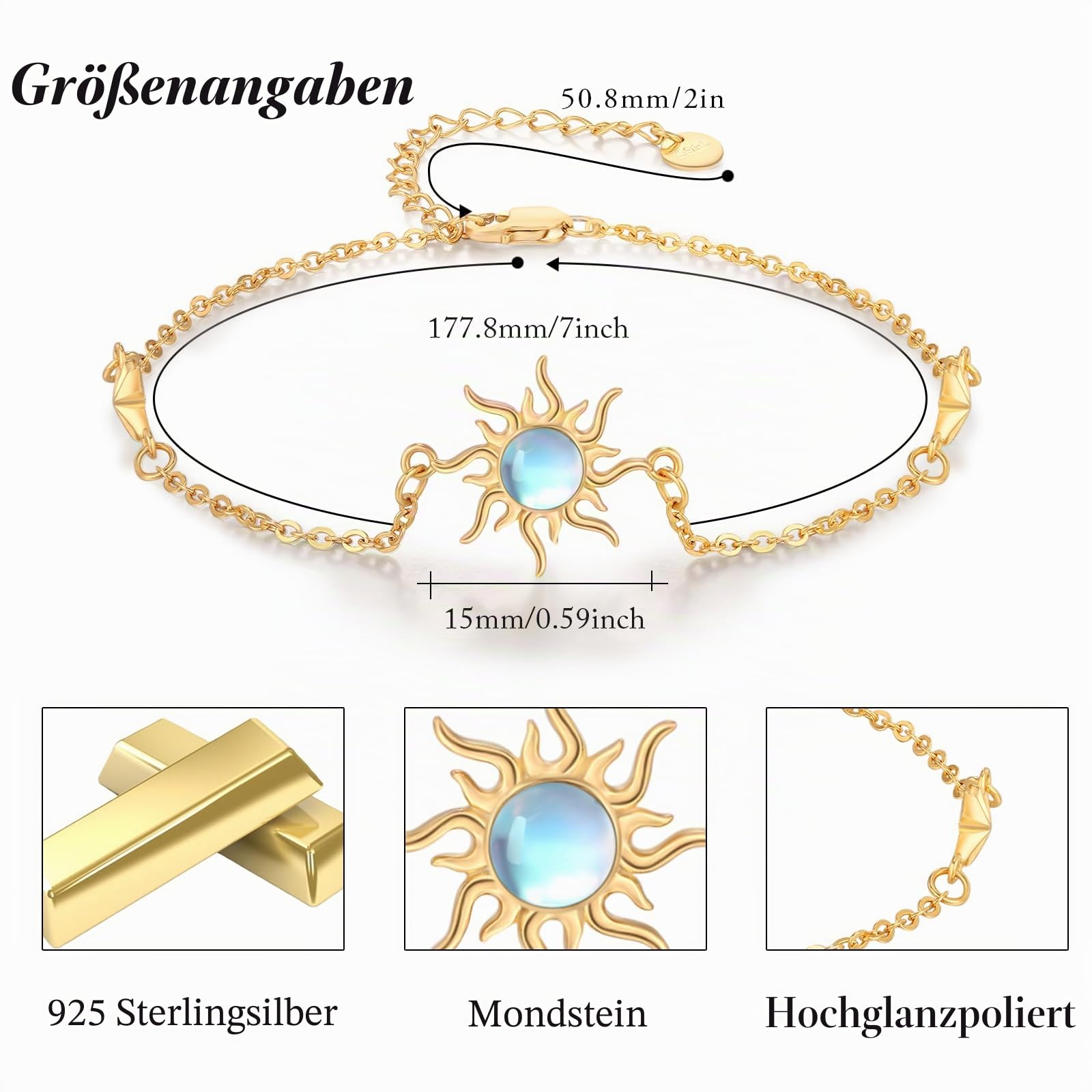 REDSUN Sonne Armband 925 Sterling Silber Opal Sonne Armband Gold Verstellbar Armband Blue/White Opal Schmuck Geschenk Geburtstag Weihnachten für Frauen Mutter Frau Mädchen
