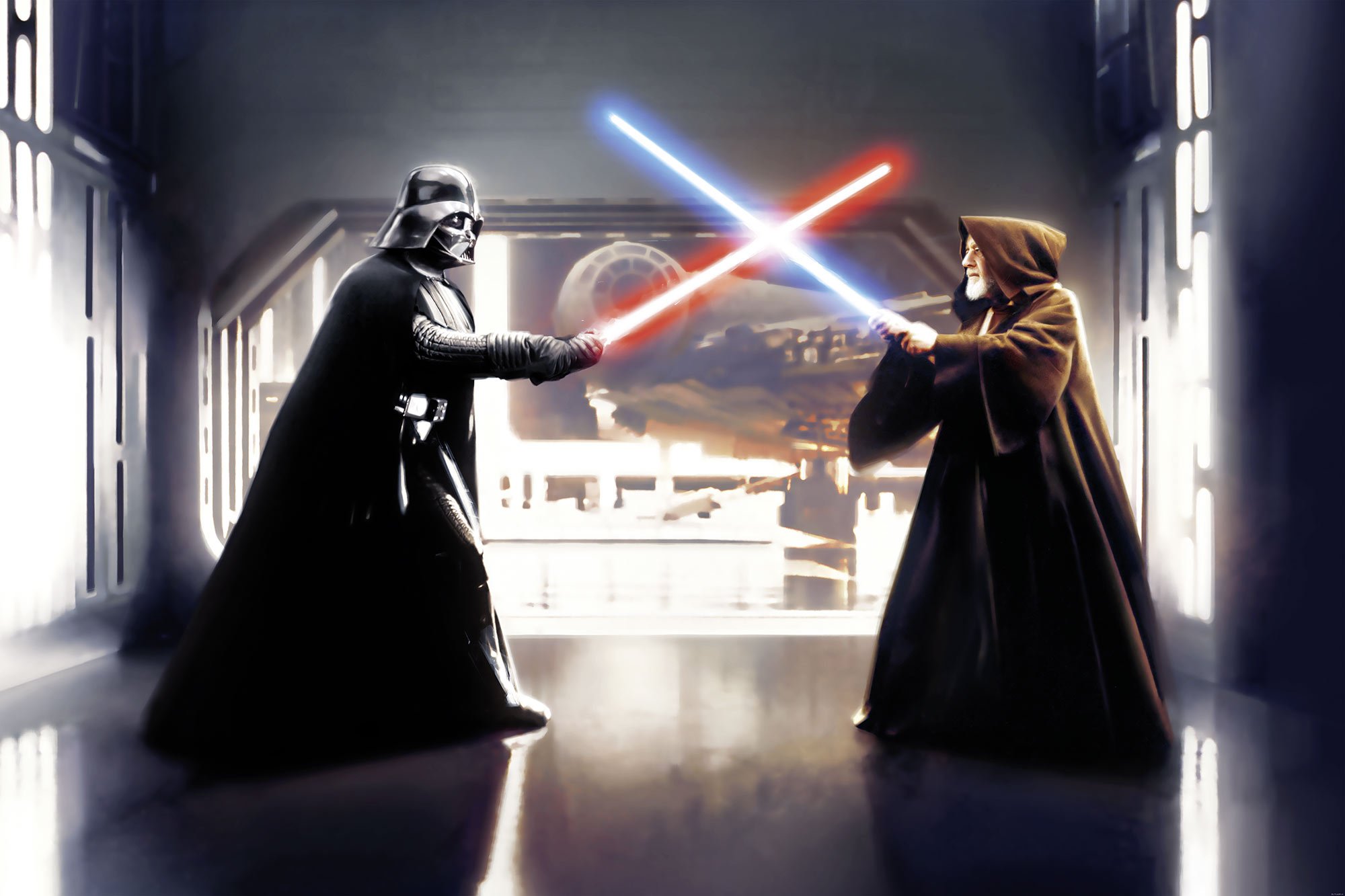 Komar Star Wars Vlies Fototapete VADER VS. KENOBI | 300x200cm | Tapete, Wand Dekoration, Lichtschwerter | 007-DVD3