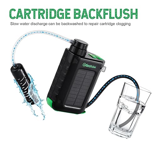 Miniatura 7 de Greeshow Filtro de agua eléctrico portátil con filtro reutilizable de 0.01 micrones para campamento, senderismo, supervivencia con banco de energía