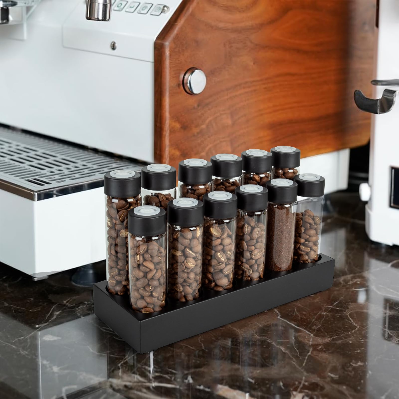 12 Tubi di Vetro per la Conservazione dei Chicchi di Caffè | Contenitori per la Conservazione dei Chicchi di Caffè Monodose con Supporto in Legno di Faggio, e Imbuto