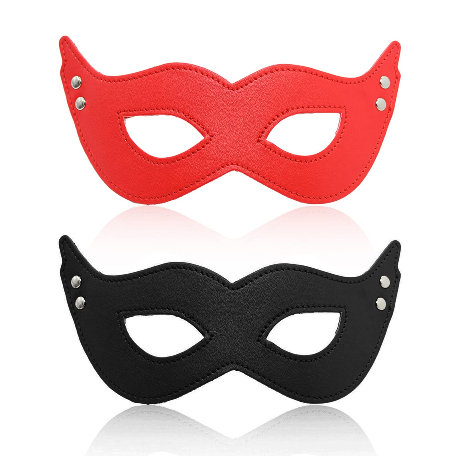 Masquerade Mask Leather,PU Leather Eye Mask With Elastic Rope Black Halloween Mask Venetian Masks Cosplay Carnival Masks for Man Women Couple(Black+Red)