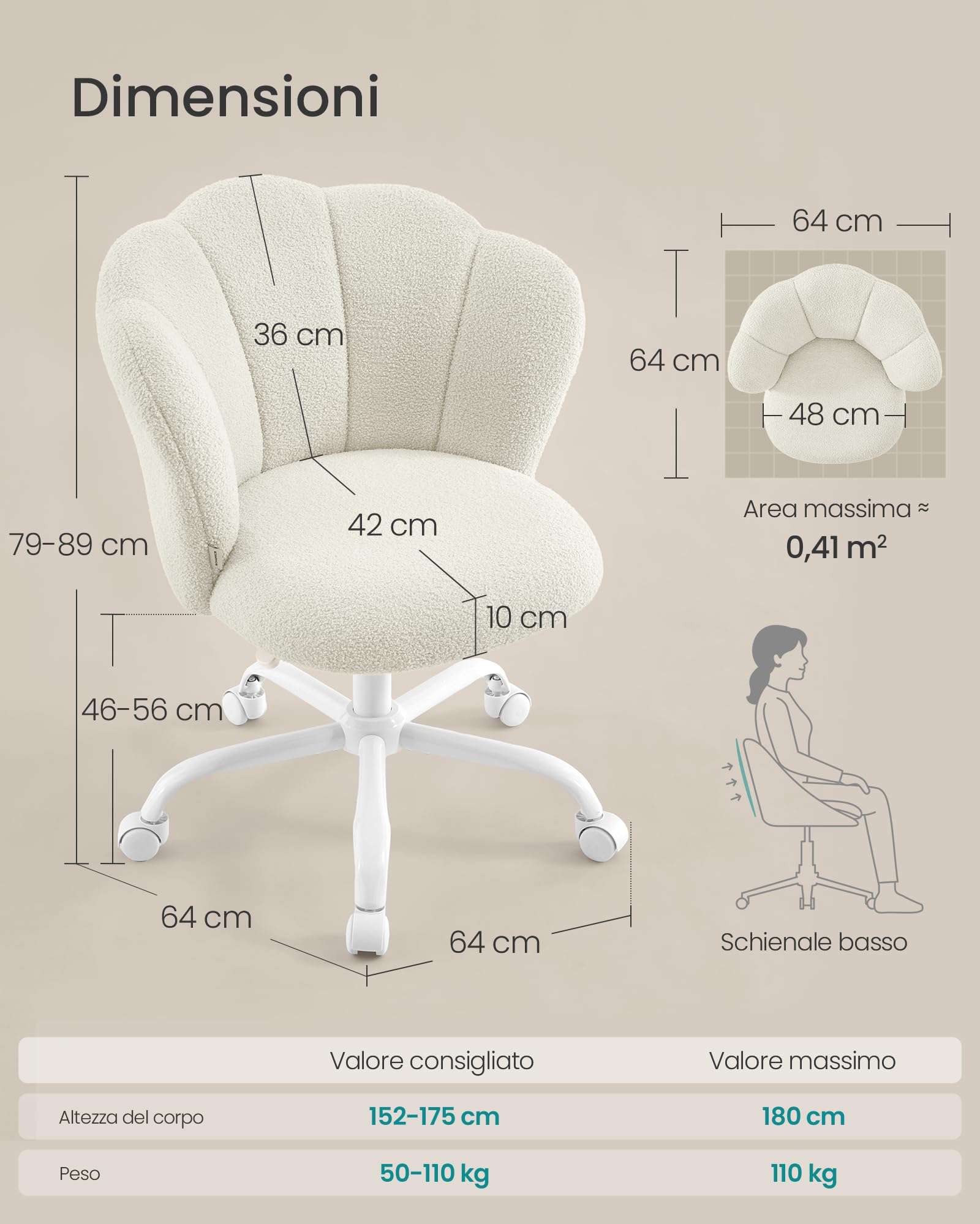 SONGMICS Sedia da Ufficio Girevole a 360°, Sedia da Trucco Imbottita, Tessuto Peluche, Regge 110 kg, Schienale a Petali, Altezza Regolabile, Soggiorno Camera da Letto, Bianco Crema OBG030WD01