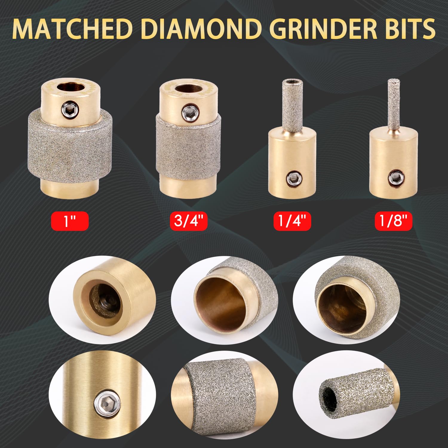 Ensemble combiné de 3,5 cm, 1/4 et 1/8 pouces, outils à tête de meuleuse diamant en laiton, embouts de meuleuse pour vitrail et outils à tête de meuleuse diamantée, outils et fournitures