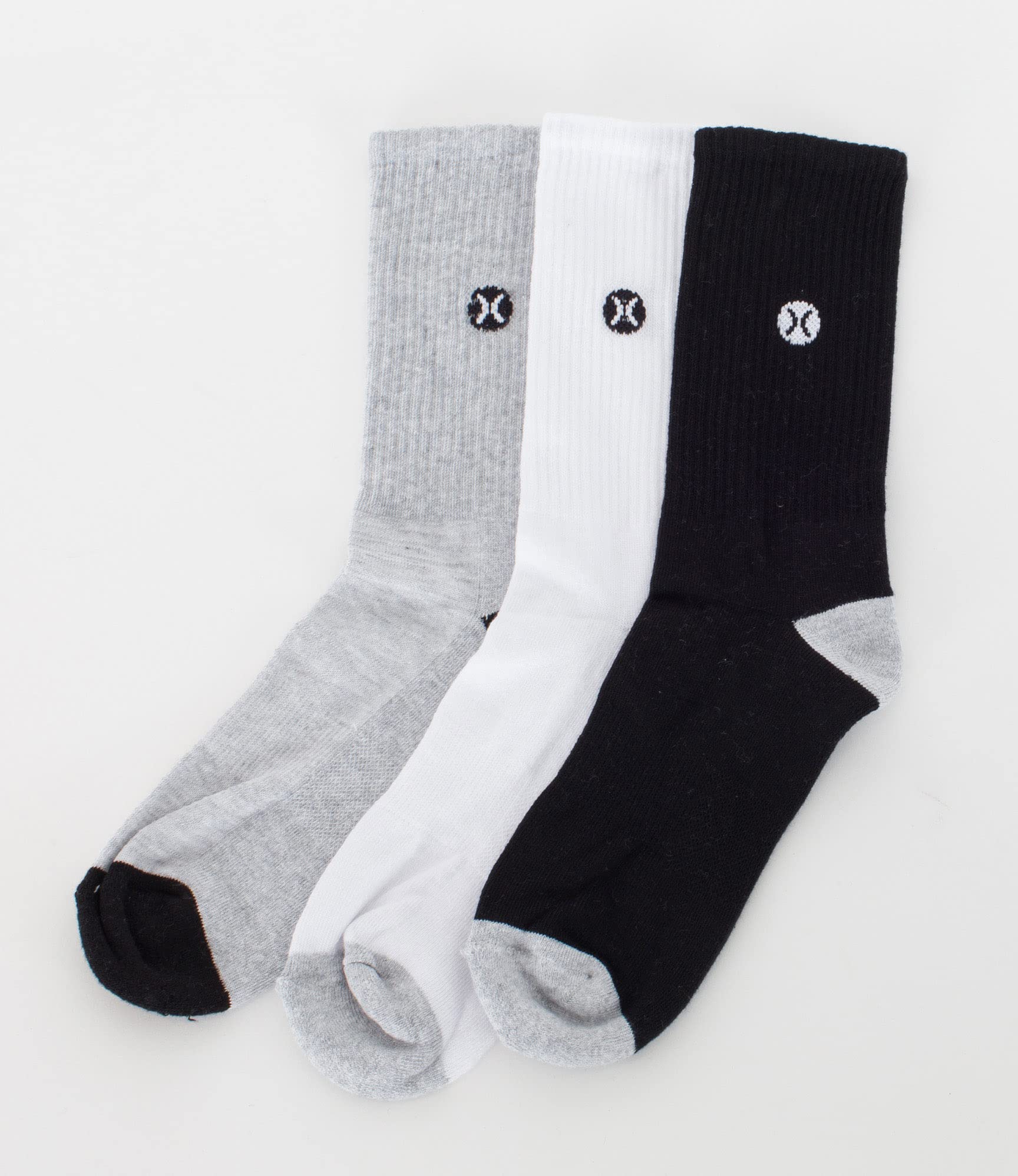 Hurley Socks Crew Sports Mens 3 Pack Icon 1/2 Terry Black White Grey