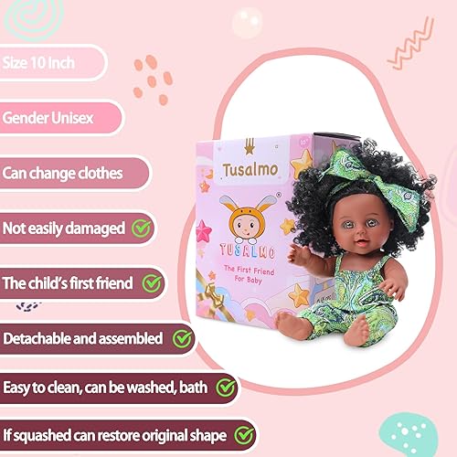 Miniatura 8 de Muñeca negra de 10 pulgadas con accesorios  Muñecas de bebé afroamericanas en caja de regalo  Regalo ideal para vacaciones, Navidad, cumpleaños para