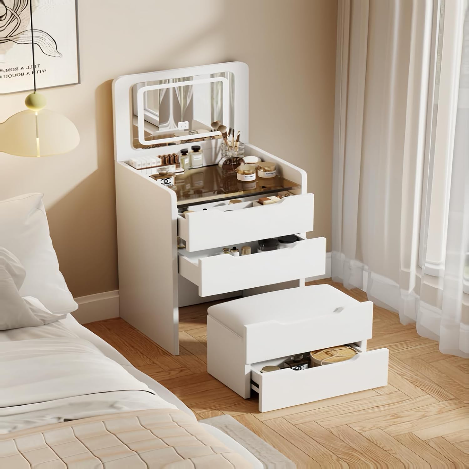 LUMISOL 3 in 1 Vanity Desk Set with Stool, Mirror and Light, Vanity Desk with Cushioned Tool and Drawers, 3 in 1 Compact Makeup Vanity with Stool for Small Space, Dressing Table, White