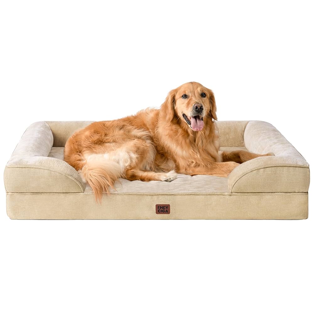 EHEYCIGA Orthopedic Dog Beds for Extra Large Dogs, Waterproof Memory Foam XL Pet Bed with Sides, Non-Slip Bottom and Egg-Crate Foam Big Dog Couch Bed with Washable Removable Cover, Greige