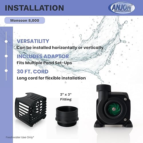 Miniatura 6 de Anjon Monsoon Bomba de agua sumergible, bomba de estanque de 8000 GPH con cable de alimentación de 30 pies, altura máxima de cabeza de 26 pies,