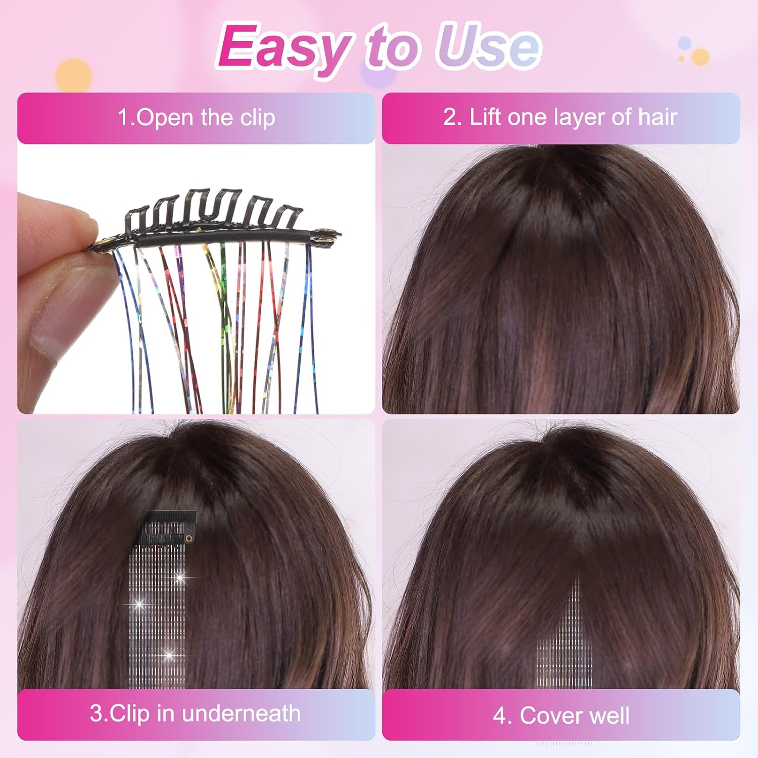 uxcell 6Pcs Clip in Hair Tinsel Kit 17.7" Fairy Hair Extensions Clips Red image 5