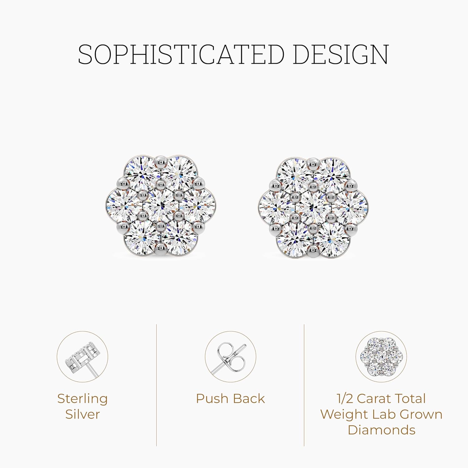Gilded Lab-Grown Diamond 7 Stone Flower Earrings for Women in 925 Sterling Silver and 14KT Yellow Gold Plated Silver | Hypoallergenic Fine Jewelry | Hinged Closure | SI1 Clarity, F Color |1/4,1/2, 1,2 Carat Total Weight - Image 3