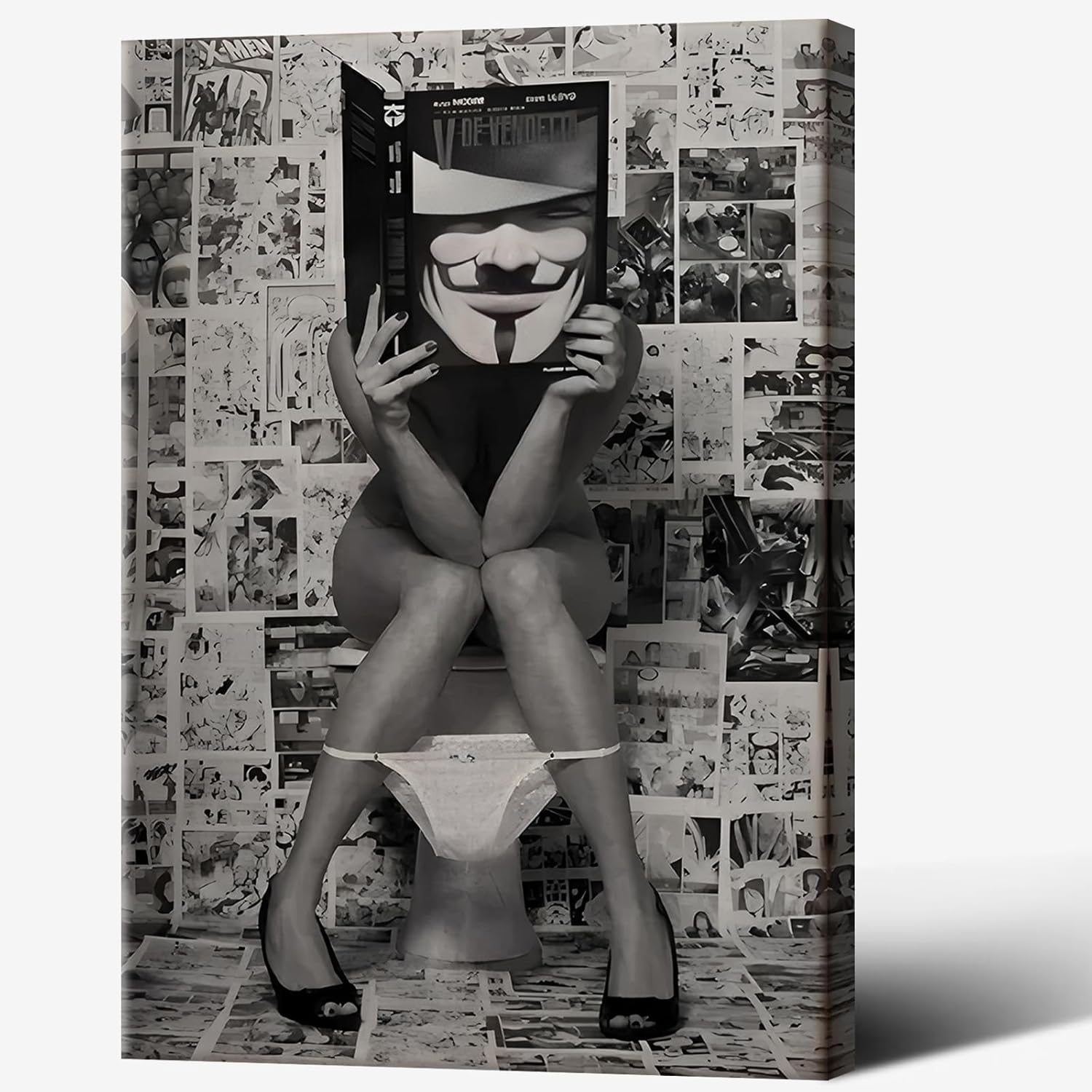 Funny Teddy Bear Poster Black And White Bathroom Canvas Wall Art Humorous Movie Abstract Animal Restroom Prints Painting For Living Room Bedroom Wall Decor 16x24in Framed