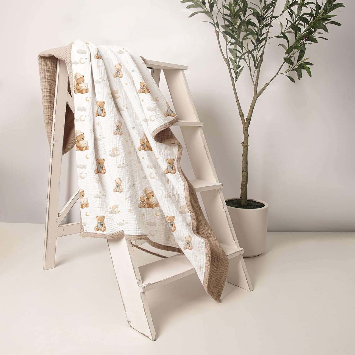 lulumoon Muslin Baby Blanket Neutral - Breathable Cotton Crib Bedding for Toddler - 4 Layer Soft Lightweight for Stroller and Daycare 47"x47" (Bear)
