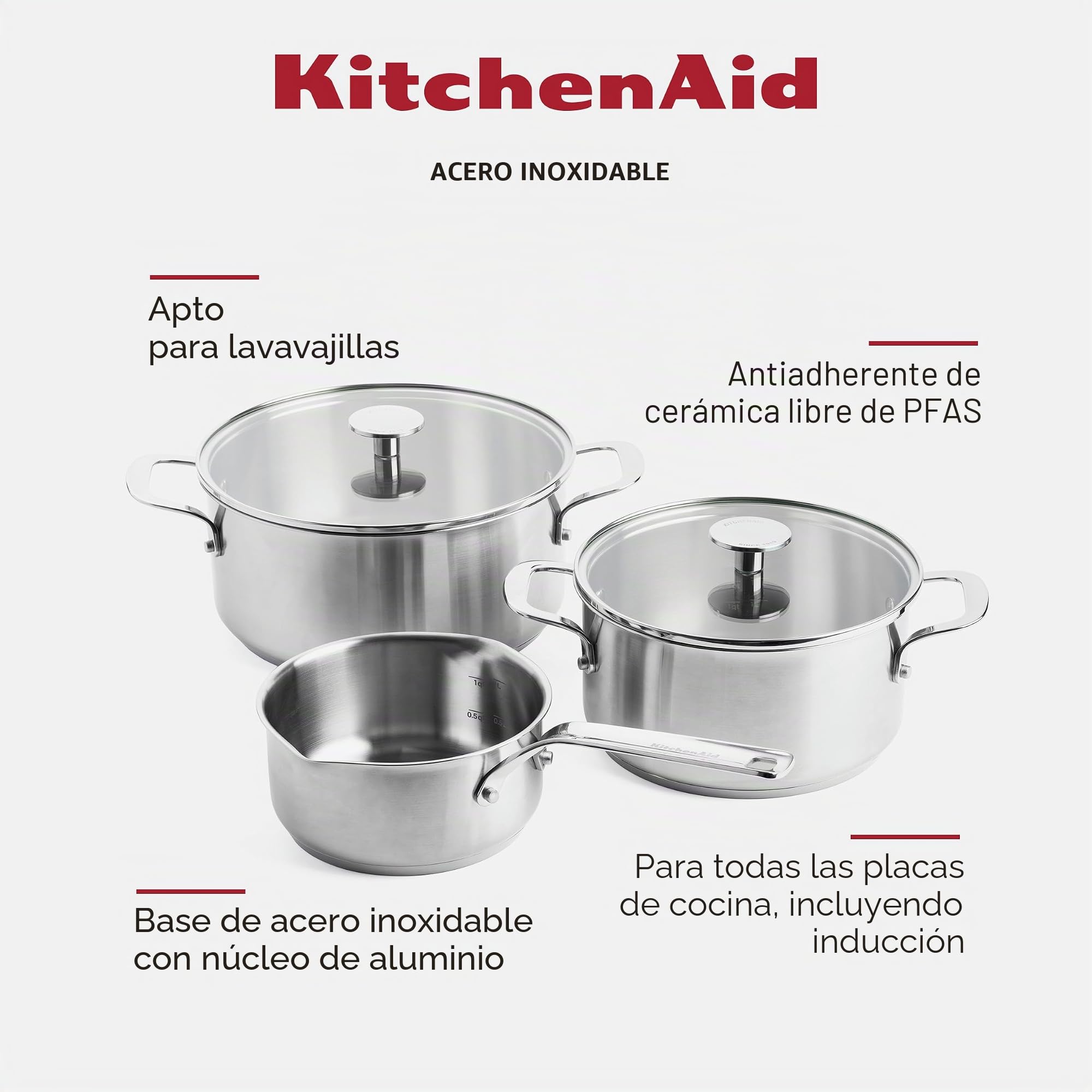 KitchenAid Stainless Steel Batería de Cocina Antiadherente de Acero Inoxidable con Tapa, Apto para Todo Tipo de Cocinas, Inducción, Horno y Lavavajillas, 20/24 cm + Cazo 16 cm/1,5L, 5 piezas
