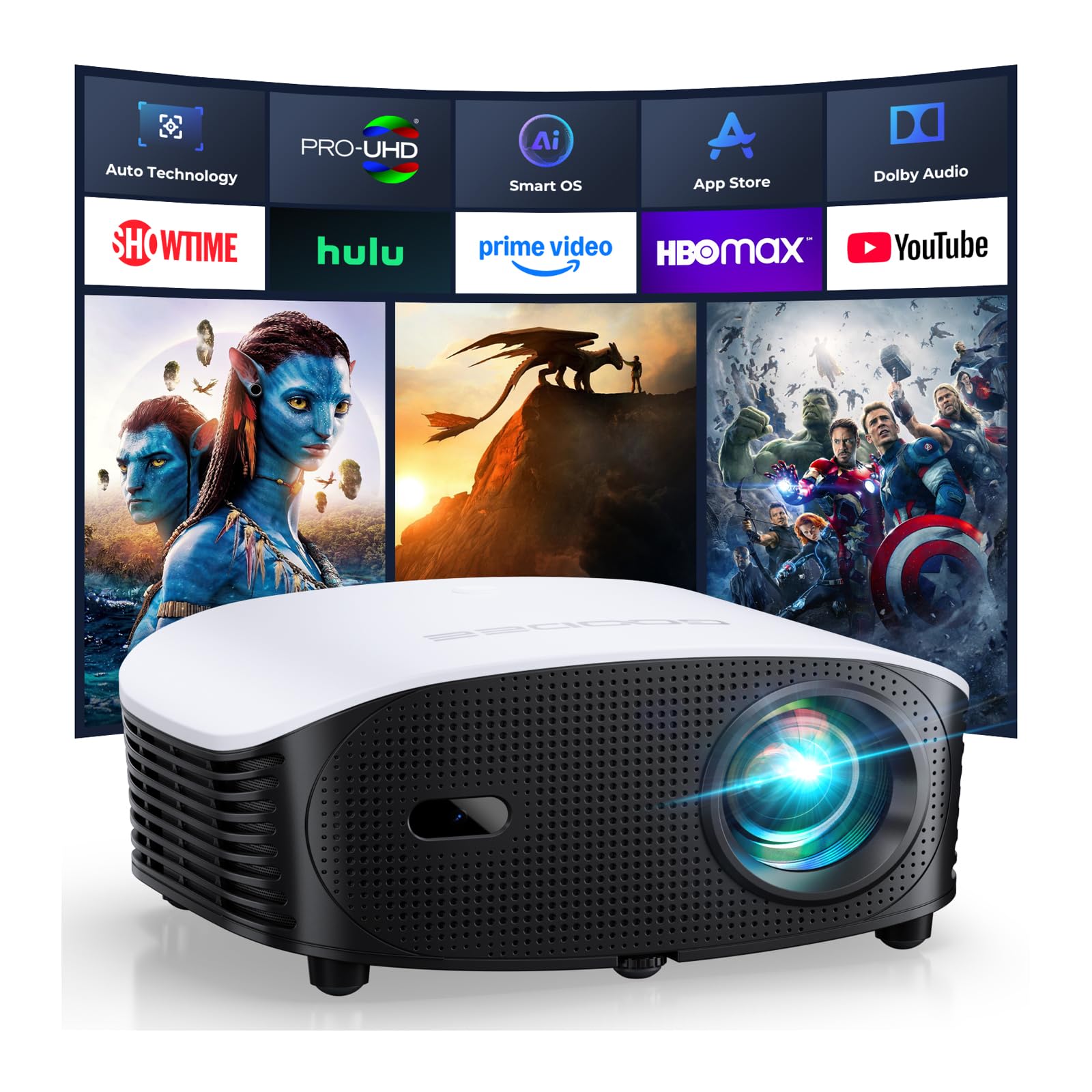 Smart Mini Projector with WiFi and Bluetooth - 4K Support Built-in Streaming Apps, AI Auto Focus & Auto Keystone, Dolby Audio, Indoor/Outdoor FHD Home Theater Projector for Movies & Gaming