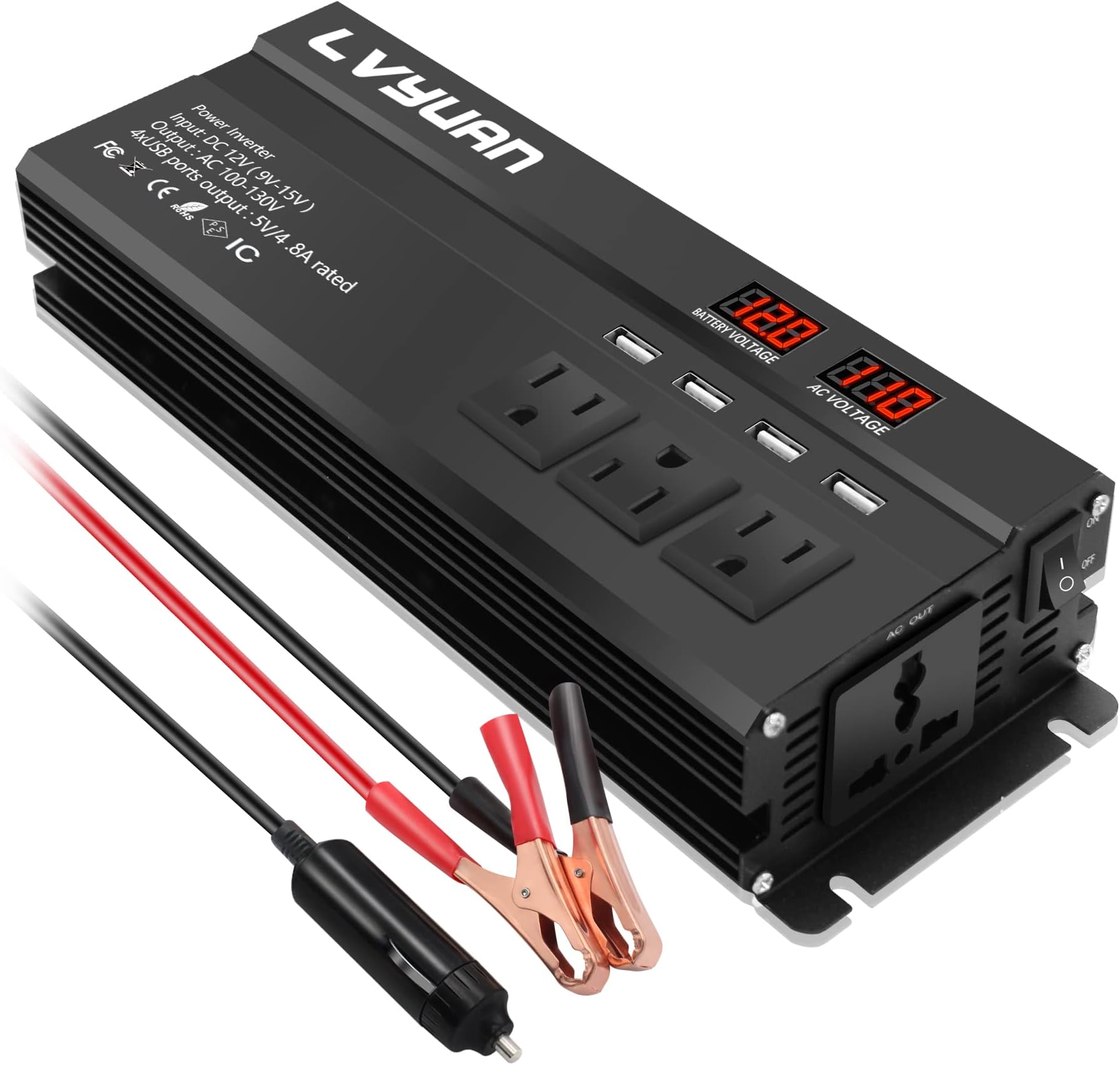 1000W/2000W(Surge) Car Power Inverter DC 12V to 110V/120V AC with 4 Outlets, 4 USB Ports and Input/Output LED Display - Black