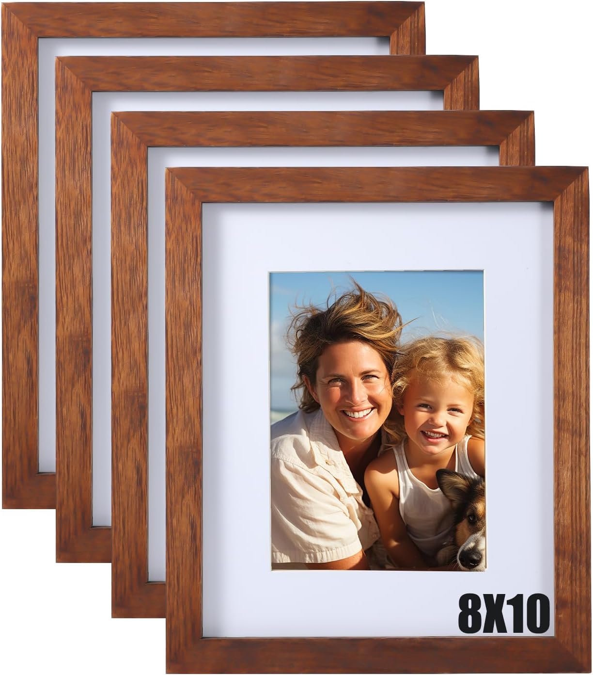 Ray & Chow 8x10 Picture Frames Set of 4, Made of Solid Wood and Real Glass,Matted for 5x7 Photos or 8x10 without Mat,Tabletop and Wall Mount,Rustic Brown