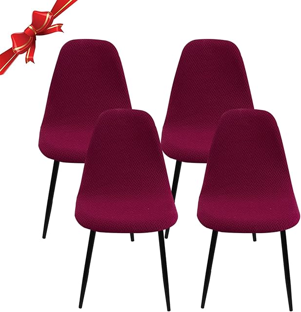 Jaotto Shell Chair Covers Set of 4,Stretch Shell Dining Chair Slipcovers,Diagonal Scandinavian Dining Chair Covers Washable Removable,Lounge Corner Chair Protector for Round Back Chair,Red Wine