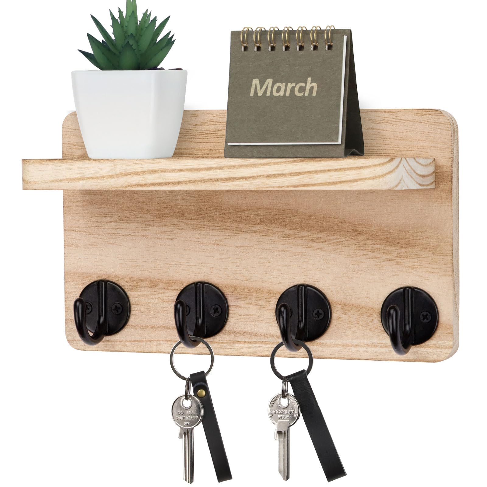 Nekon Key Holder Wall Mount, 8.5 Inch Small Home Decor Wooden Wall Organizer with 4 Hooks and Shelf