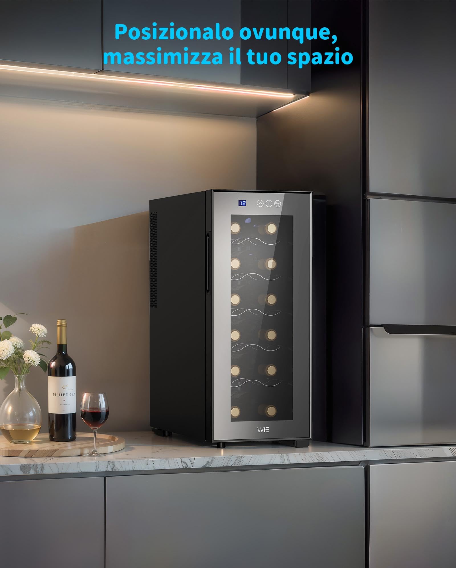 WIE Cantinetta Vino 12 Bottiglie, Raffreddamento Termoelettrico, Cantina Vino con LED Schermo tattile, Porta in Vetro a Specchio, 5 Ripiani Regolabili, Luce LED, 26 dB Basso Livello di Rumore, 33L