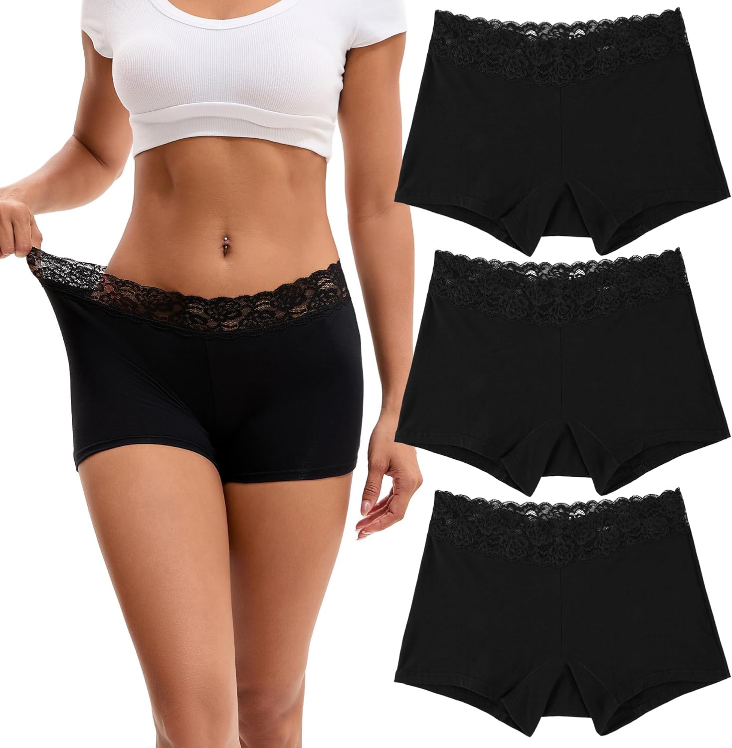 INNERSY Women's Lace Underwear Cotton Soft Boyshorts Panties Boxer Briefs 3-Pack