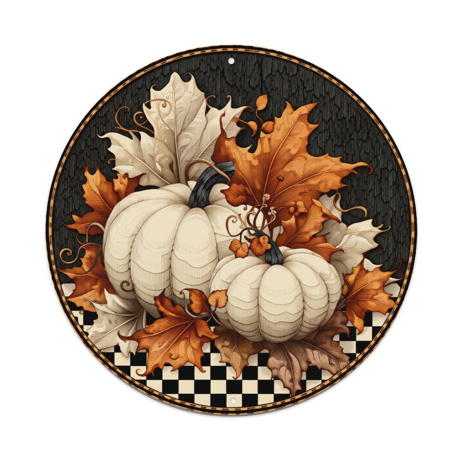 Autumn Leaves Pumpkins Checkerboard Pattern Round Tin Sign Vintage Metal Poster, Home Bar Garage Man Cave Cafe Indoor & Outdoor Wall Decoration 8x8Inches