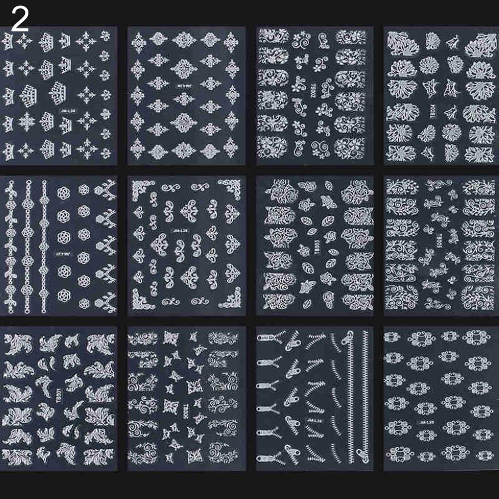 Baost 12 Sheets Luxury Flower 3D Gold Silver Nail Art Stickers Decals Manicure Nail Tip DIY Decoration Mixed Designs Nail Tips Decoration Nail Foils Adhesive Nail Stickers Sheet Silver#1