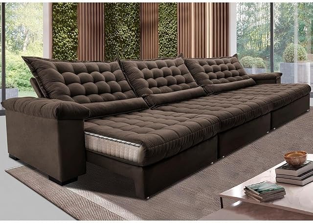 Sofá Retrátil e Reclinável 4,15m Molas Ensacadas Cama Inbox Big Space com Bordado 3d Velusoft Café