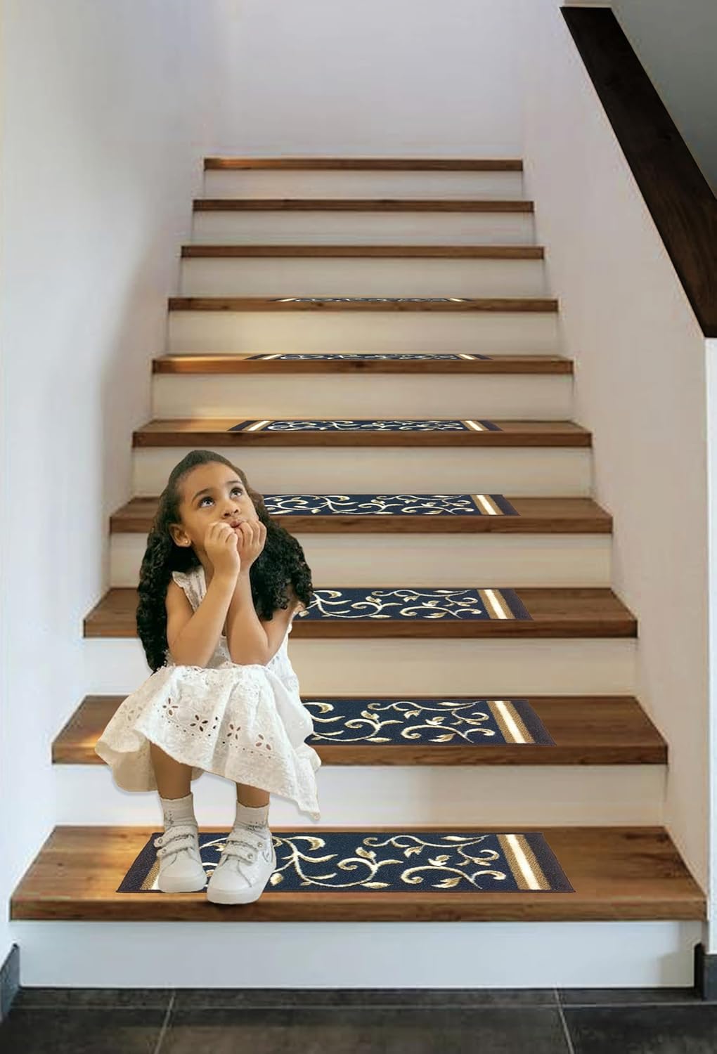 Gloria Non Slip Rubber Back Pet Friendly Floral Design Carpet Stair Treads Stairway mats (13, Navy)