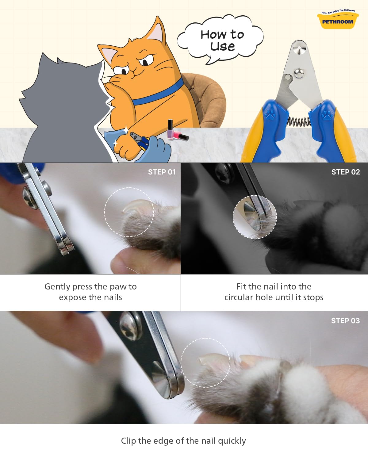 [PETHROOM] Cat Nail Clipper Trimmer for Indoor Cats with Circular Cut Hole (2mm) | Premium Sturdy Stainless Steel Blade Cat Claw | Safe, Easy, Accurate, Quiet & Fast | Avoid Overcutting - image 7