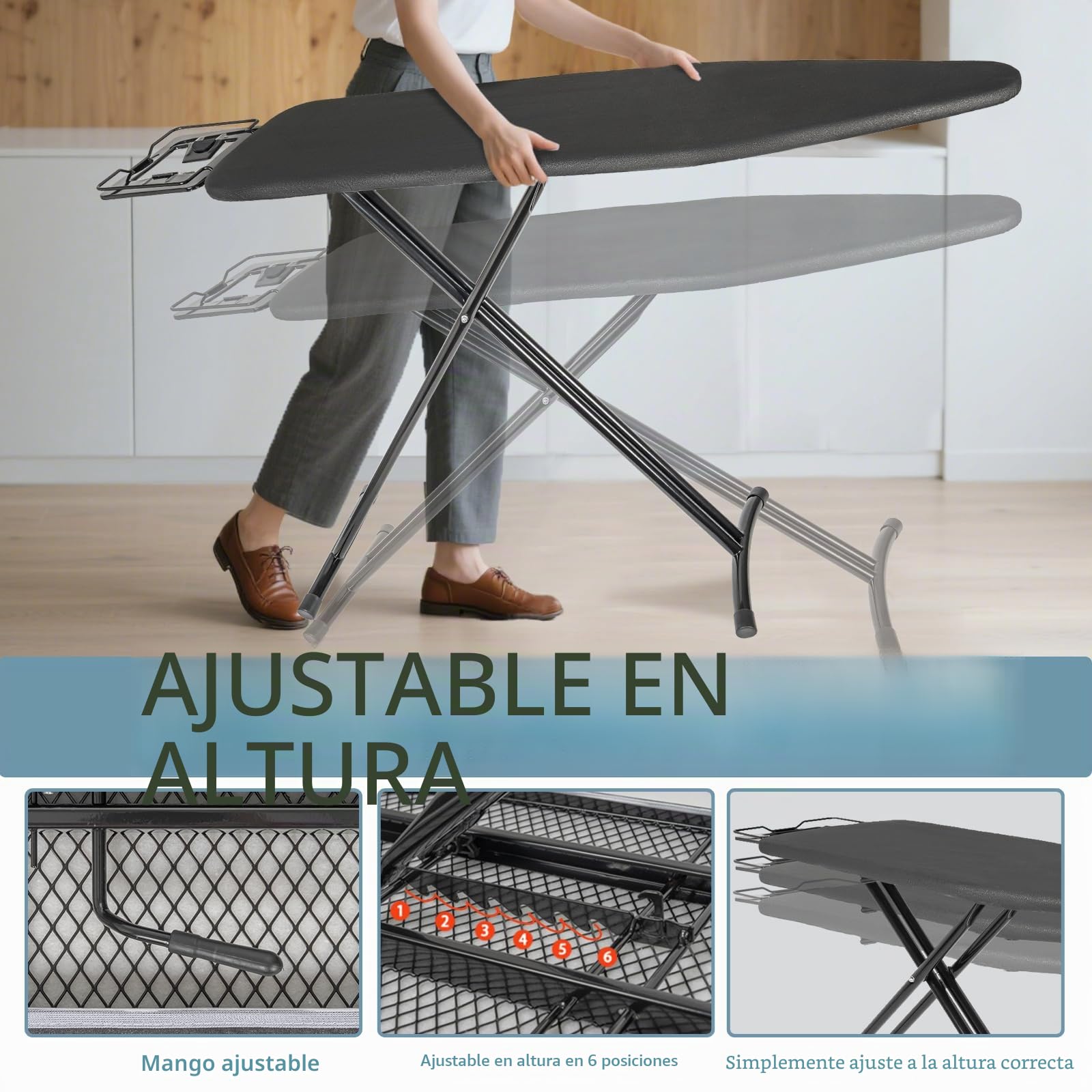 OUUTMEE Tabla de Planchar de 122 x 38 cm, Plegable, con Soporte para Plancha, Altura Ajustable, Patas Antideslizantes, Ahorra Espacio, Color Negro