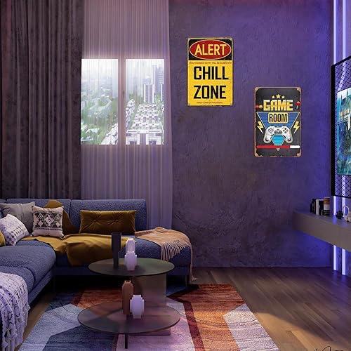 Miniatura 7 de GTOTd Letrero de metal para decoración de sala de juegos, paquete de 2 carteles de 8 x 12 pulgadas (con 10 clavos de pared) para decoración de sala