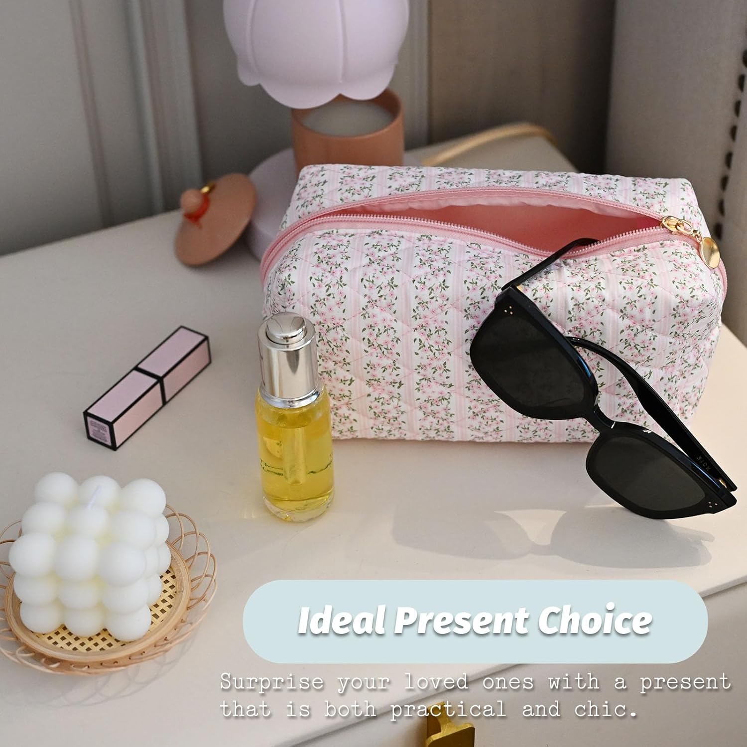 Makeup Bag, Flower Pink Floral Cosmetic Bag for Women, Large Capacity Toiletry Bag,Zipper Pouch, Portable Travel Accessories Storage - Image 4