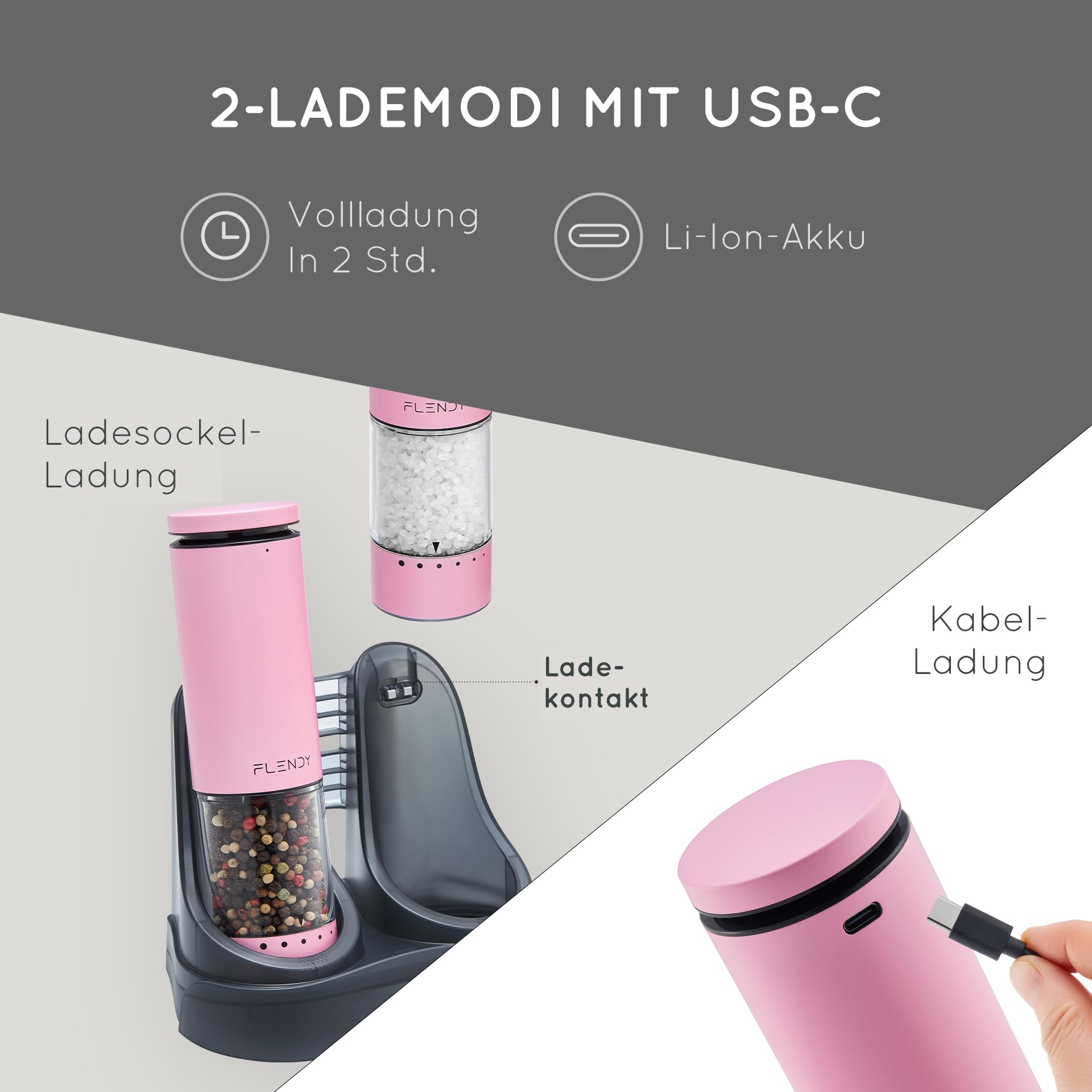 Flendy Salz und Pfeffermühle Elektrisch 2er Set, Elektrische Salz und Pfeffermühle Set mit USB-C Ladestation, Elektrischer Salz und Pfefferstreuer aus Edelstahl mit LED-Licht, Elektrische Gewürzmühle